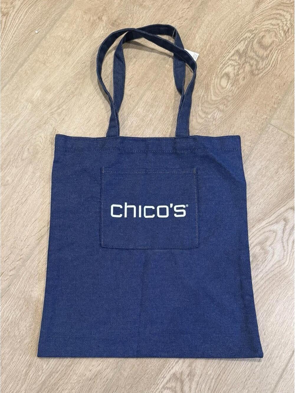 NWT Chico's Blue Denim Logo Tote Bag Front Pocket Cotton Blend Reusable Shopper
